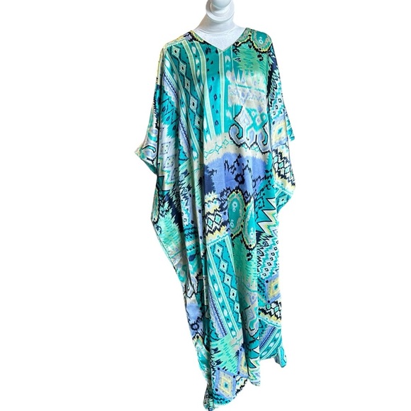 Blue and Green Asymmetrical Tiered Resort Dress - Picture 1 of 4